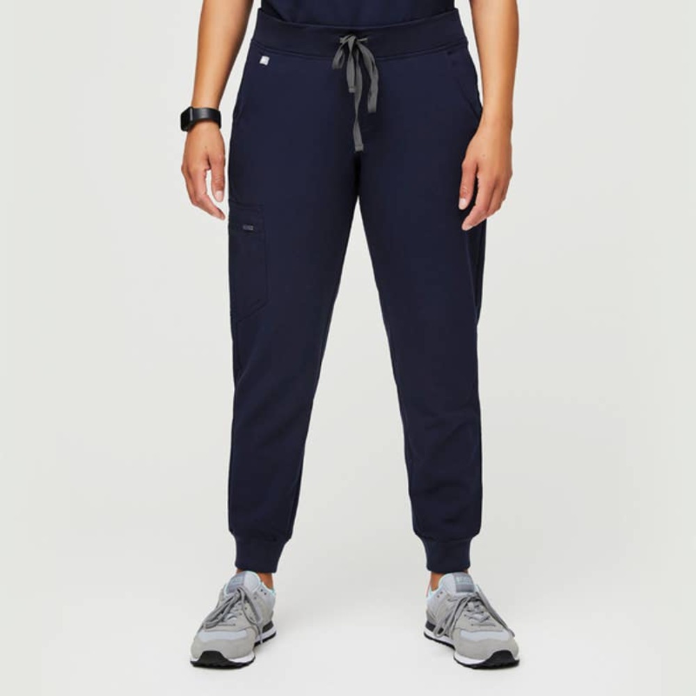 Figs Women's Skinny Jogger Pants in Navy with Gray Drawstring